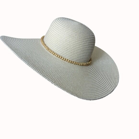 New Day Wide Brim Straw Sun Hat Wooden Bead Band Size M Resort Chic Beach Cruise - Picture 14 of 16